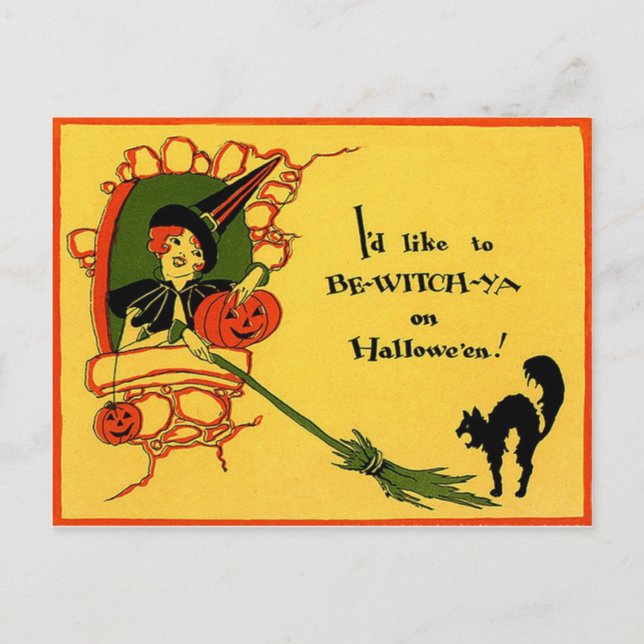 Hexenkatzenkürbis Vintages Halloween Postkarte (Vorderseite)
