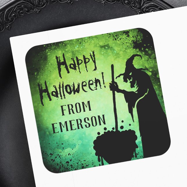 Hexenkessel kauldron gren schwarz Happy Halloween  Quadratischer Aufkleber (Witch witch cauldron gren black Happy Halloween Square Sticker)