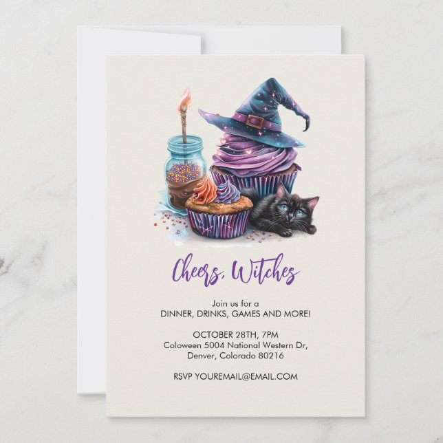 Hexenkuchen und schwarze Katze, Halloween Einladung (Vorderseite)