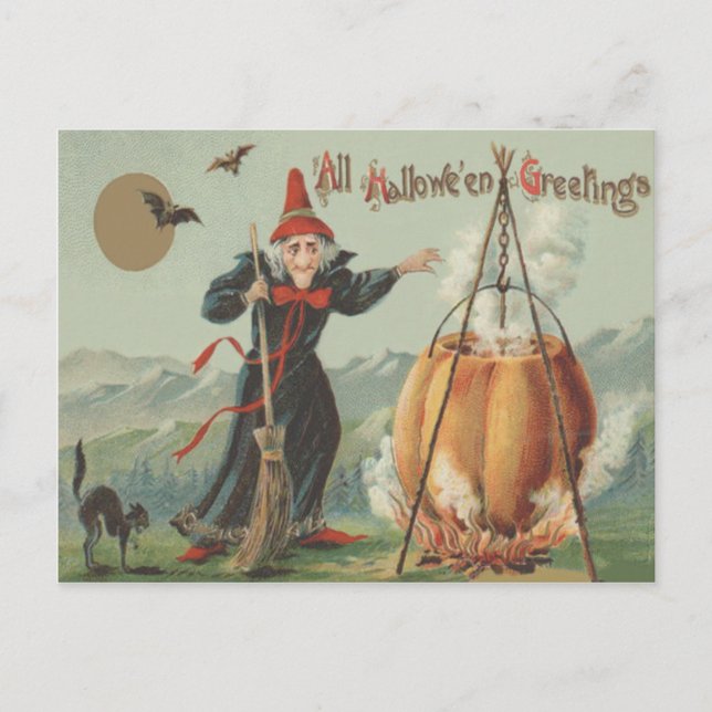 Hexenkürbis Kauldron Black Cat Zauber Postkarte (Vorderseite)