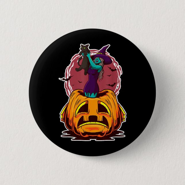 Hexenkürbis schwarze Katze und spooky Zauberer Button (Vorderseite)