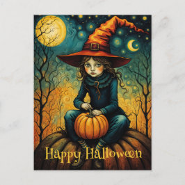 Hexenmädchen saß auf einem KürbisHalloween Postkarte
