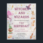 Hexenmeister Magical Kid Birthday Einladung<br><div class="desc">Eine Hexe und Zauberer magischen Thema Kinder's Birthday Party Einladung. Auf grauem,  motbeltem Hintergrund,  zauberhaften Themen-Objekten wie Hut,  Eule,  Scroll,  Besenstock,  Kessel und Drache umgeben den lila Dekorationstext,  der Hexen und Zauberer ausliest. Bitte folgen Sie uns für Ihren Namen Ihr Jahr Geburtstag. Personalisieren Sie Ihre Veranstaltung und Ihre Kontaktdaten.</div>