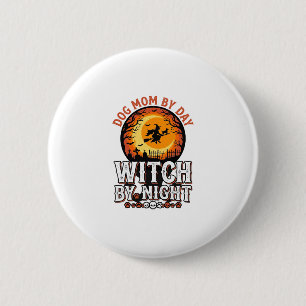 Hexenmutter Hund bei Nacht Vintage Halloween-Shirt Button