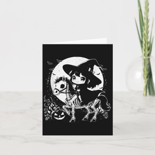 Hexenreitpferd Skelett Niedliches Spooky Halloween Karte (Vorderseite)