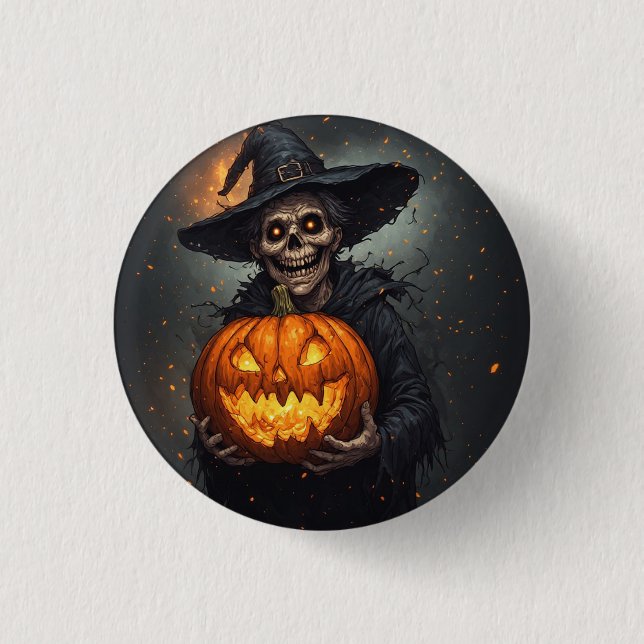 Hexenskelett mit leuchtendem Kürbis Halloween 🎃 Button (Vorderseite)