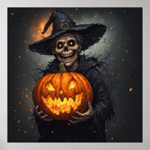 Hexenskelett mit leuchtendem Kürbis Halloween 🎃 Poster