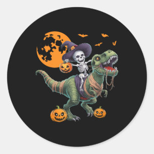 Hexenskelett reitet auf Dinosaurier T Rex Hallowee Runder Aufkleber