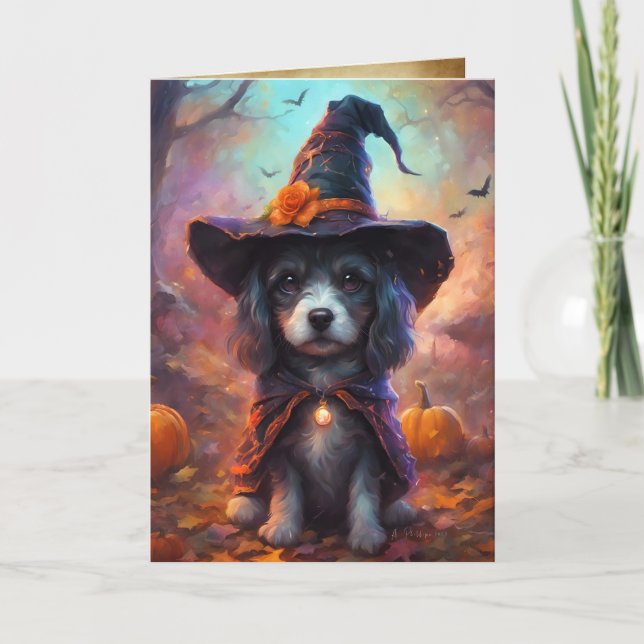 Hexenwelpen - Happy Halloween, Niedlicher Hund Karte (Vorderseite)