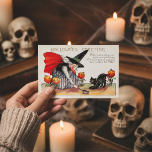 Hexenwunsch an Halloween mit gruseliger Katze im V Postkarte