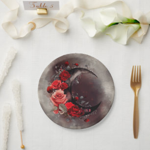 Hexerei   Crescent Moon mit gotischen Rote Rosen Pappteller