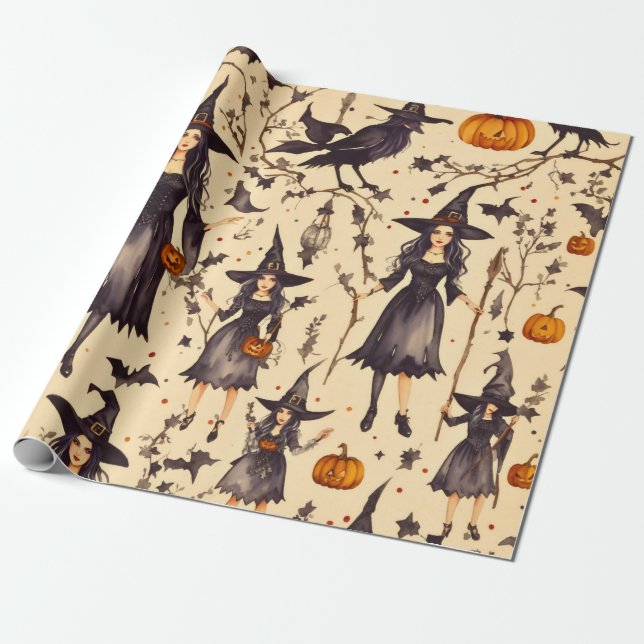 Hexerei Elegance: Vintages gotisches Halloween Geschenkpapier (Ungerollt)