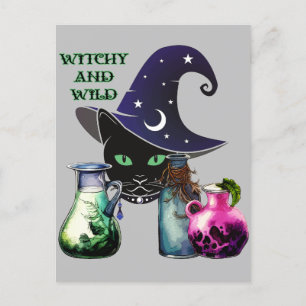 Hexerei und Wild - Halloween-Schwarzkatze und -Trä Postkarte
