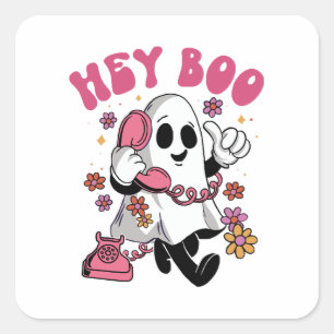 Hey Boo - Groovy Ghost Halloween Quadratischer Aufkleber