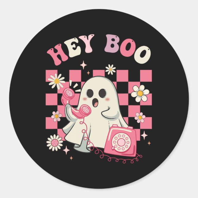 Hey Boo Groovy Niedlich Ghost Funny Halloween Wome Runder Aufkleber (Vorderseite)
