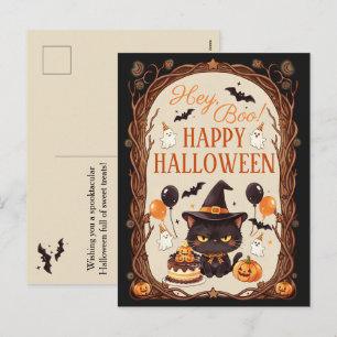 Hey Boo Gruselige Süße Schwarze Katze Hexe Hallowe Feiertagspostkarte