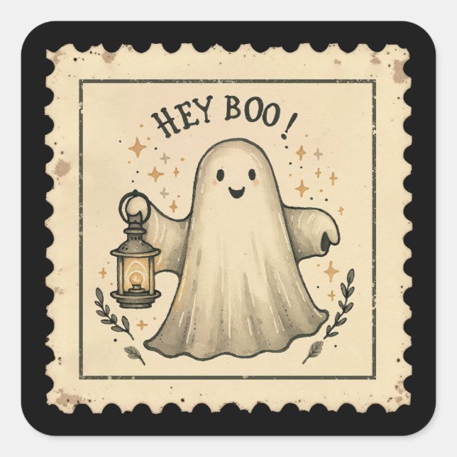 Hey Boo Halloween Ghost Lantern Quadratischer Aufkleber (Vorderseite)