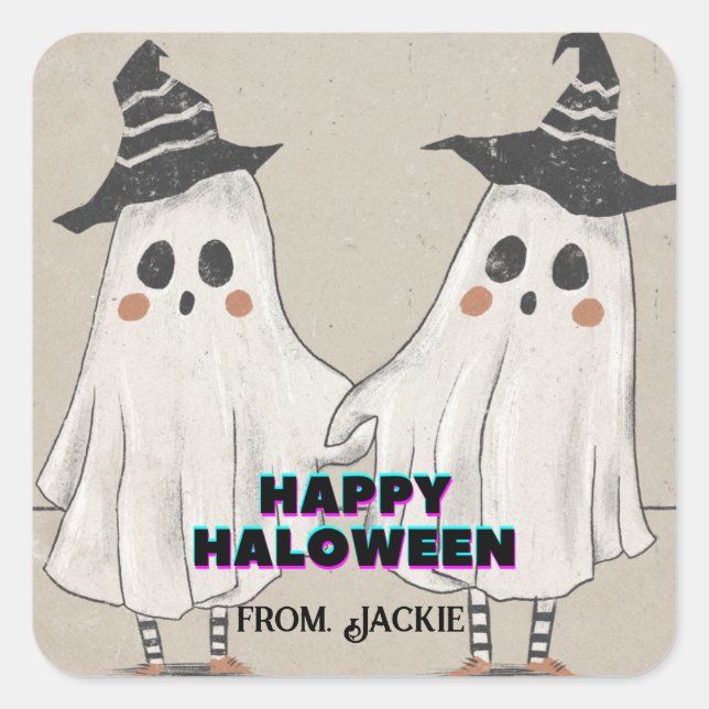 Hey Boo Halloween niedliche Einladung für Kinder u Quadratischer Aufkleber (Vorderseite)