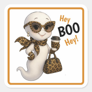 Hey BOO Hey - Glam Leopard Print Bougie Ghost T-Sh Quadratischer Aufkleber