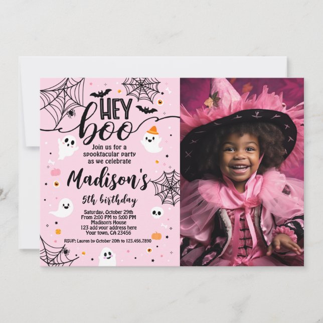 Hey Boo, Invitation d'Halloween rose avec photo (Devant)