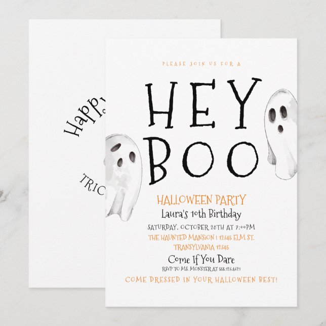 Hey Boo, Joli Fantôme Invitation Halloween (Devant / Derrière)