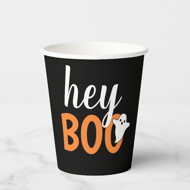 Hey Boo Orange Black Funny Halloween Ghost Pappbecher (Vorderseite)