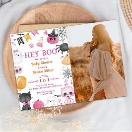 Hey Boo! Pink Halloween Baby Dusche Foto Einladung