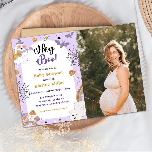Hey Boo! Spooky Halloween Ghost Baby Shower Foto Einladung (Von Creator hochgeladen)