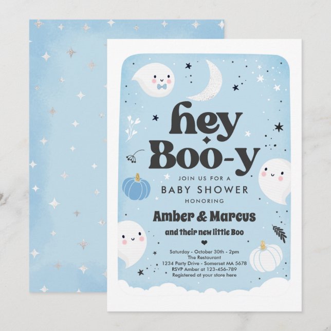 Hey Boo-y Blue Boy Ghost Baby Shower Einladung (Vorne/Hinten)