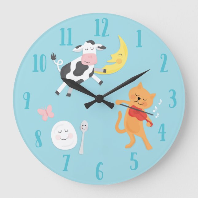 Hey Diddle Diddle Kinderzimmer Rhyme Kinderuhr Große Wanduhr (Vorderseite)