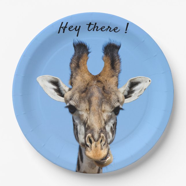 Hey, es lustiges Giraffe-Foto mit Text Pappteller (Vorderseite)