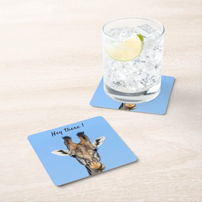 Hey, es lustiges Giraffe-Foto mit Text Rechteckiger Pappuntersetzer (Vor Ort)