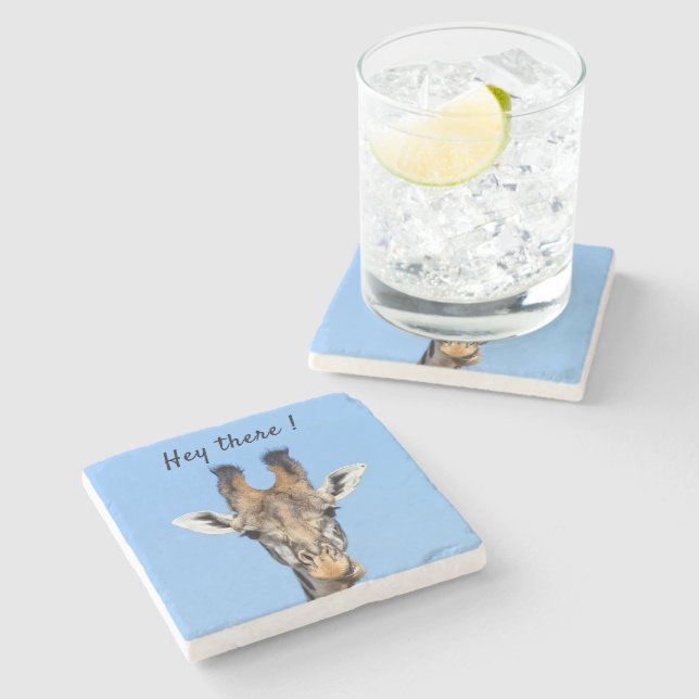 Hey, es lustiges Giraffe-Foto mit Text Steinuntersetzer (Seitenansicht)