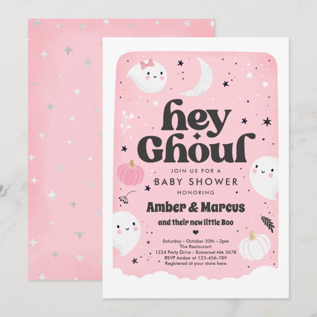 Hey Ghoul Rose Girl Baby shower fantôme Invitation (Devant / Derrière)