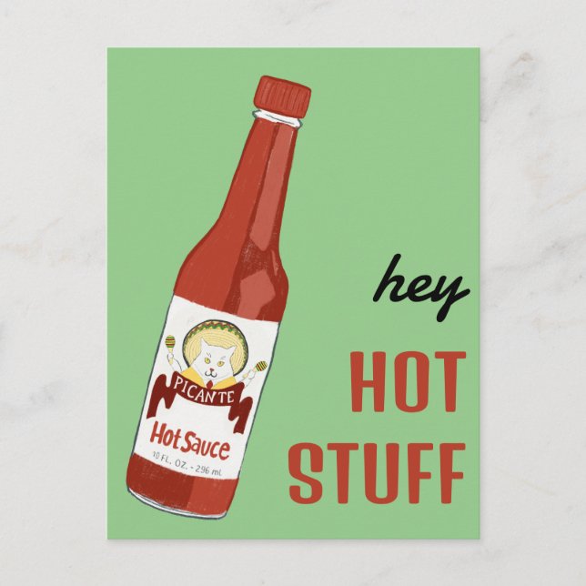 HEY HOT STUFF Spicy Hot Sauce Cat Maracas Liebe Postkarte (Vorderseite)