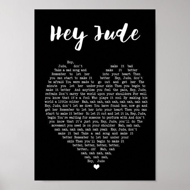 Hey Jude Black Heart Wall Art Song Lyric Print Poster (Vorne)