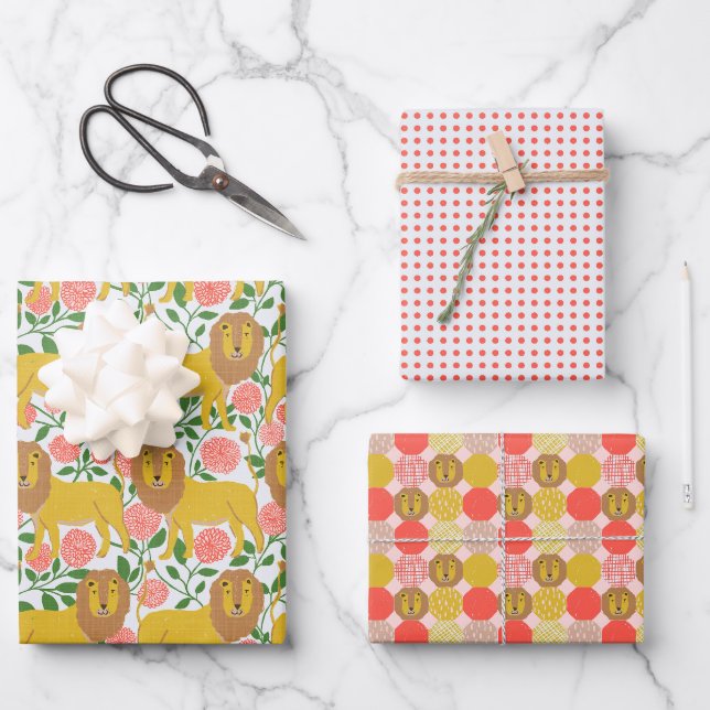 Hey Lion! Löwen, Punkte, helle Farben Geschenkpapier Set (Vorderseite)