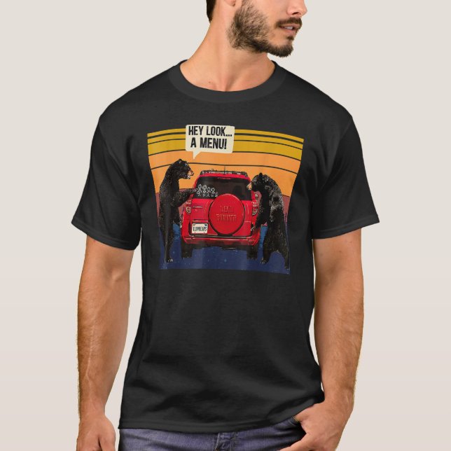 Hey, schau dir einen Menu-Camping-Camper an, Retro T-Shirt (Vorderseite)
