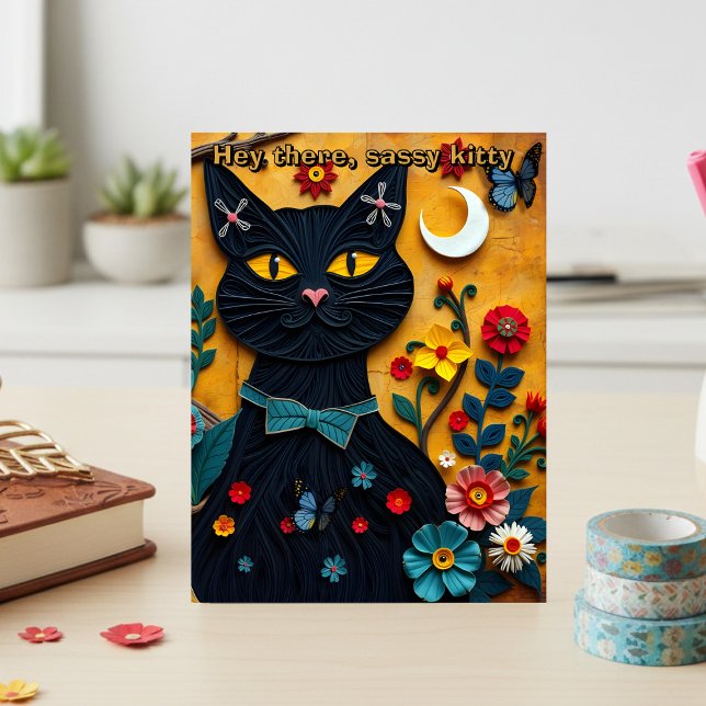 Hey There Black Cat Folk Art Carte Postale (Send this postcard to your sassy friend. Unique design for stationery enthusiasts and cat lovers)