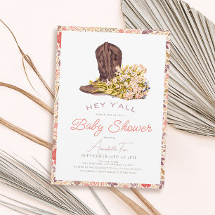 Hey Y'all Cowboy Boot & Bouquet Girl Baby Shower Einladung