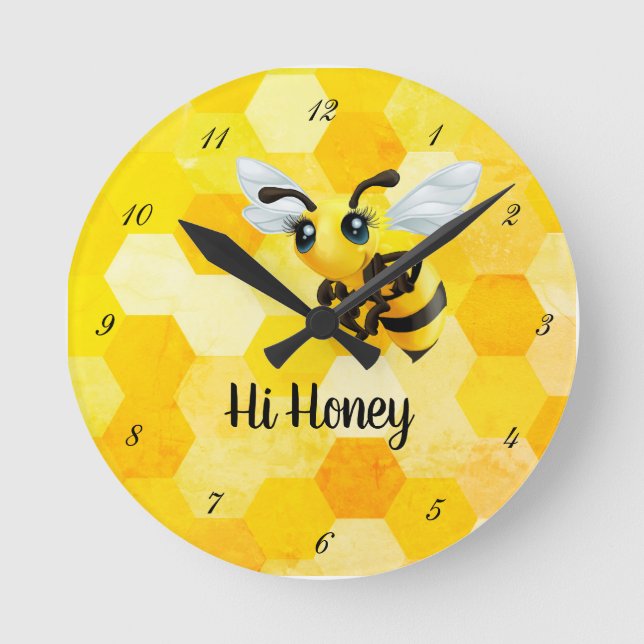 "Hi Honey" Bee Runde Wanduhr (Vorderseite)