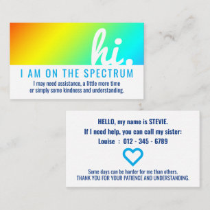 Hi ON ON ON THE AUTISM SPECTRUM medical id Visitenkarte