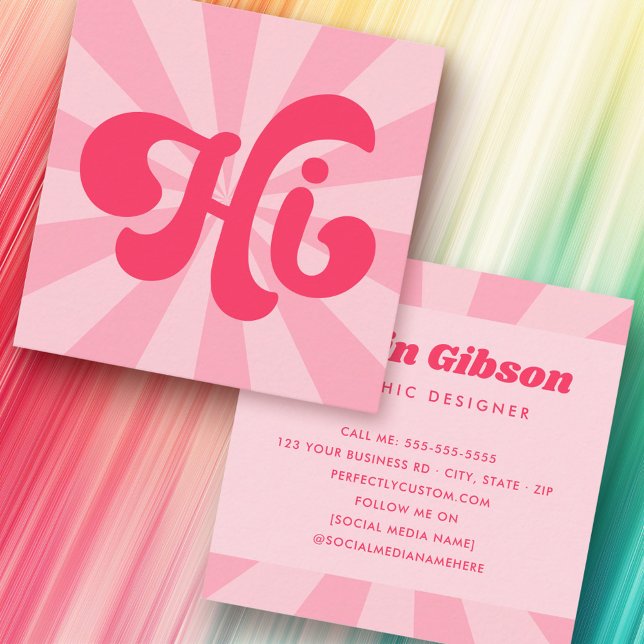 Hi retro pink or any color sunburst quadratische visitenkarte (Hi retro pink or any color sunburst square business card)
