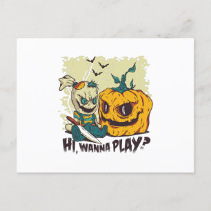 HI WANNA PLAY Halloween Evil Doll and Pumpkin Postkarte