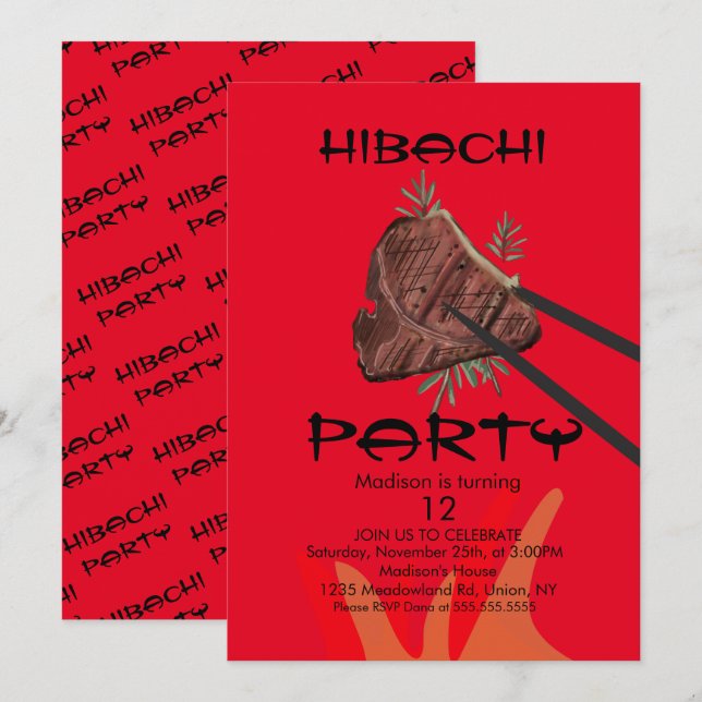 Hibachi Steak Japanisch Restaurant Party Einladung (Vorne/Hinten)