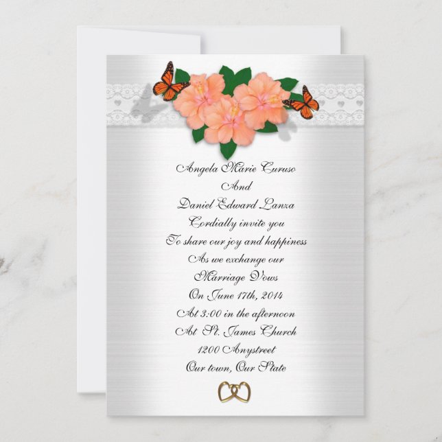 hibiscus et papillons faire-part de mariage (Devant)