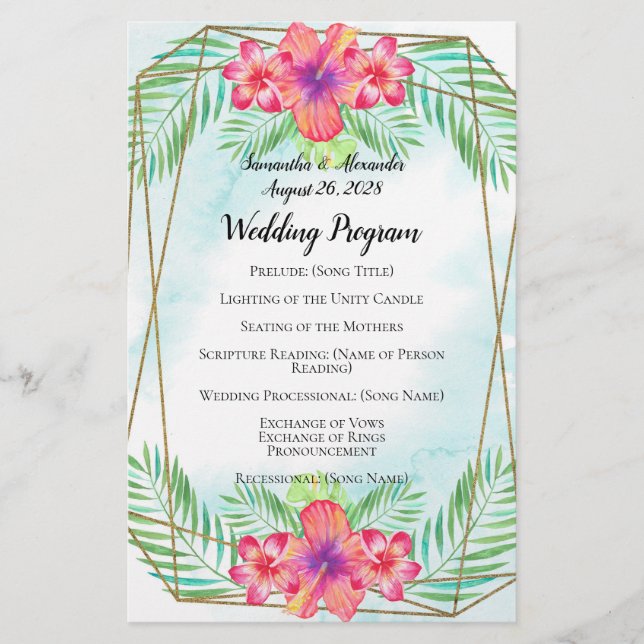 Hibiscus Flower Watercolor Beach Wedding Programme (Devant)