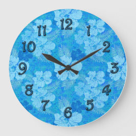 Hibiscus Flowers Blue Batik Look Große Wanduhr