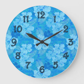 Hibiscus Flowers Blue Batik Look Große Wanduhr
