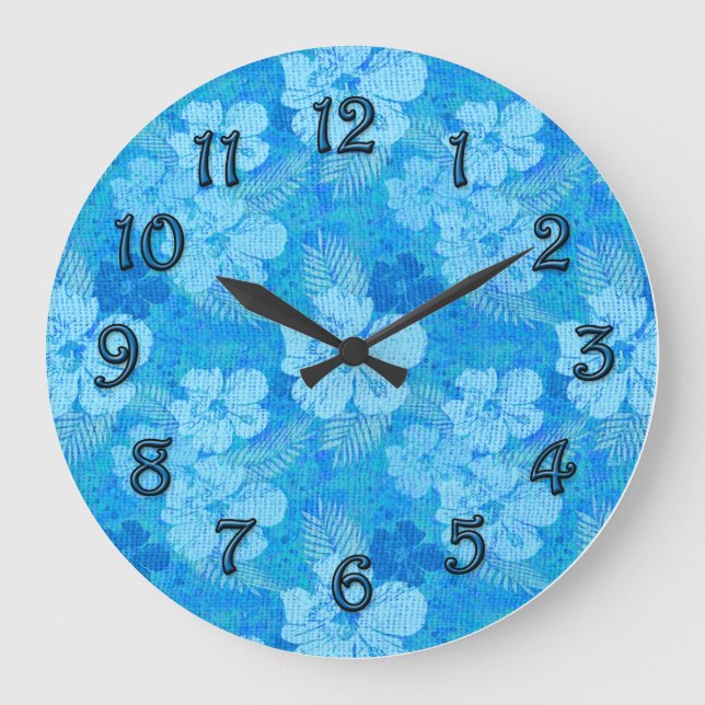Hibiscus Flowers Blue Batik Look Große Wanduhr (Vorderseite)